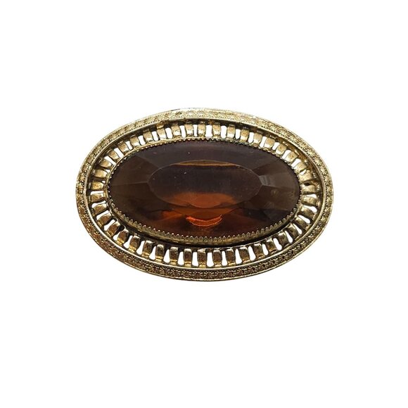 Vintage Oval Amber Glass Brooch With Intricate Gold-Toned Detailing - Picture 1 of 5